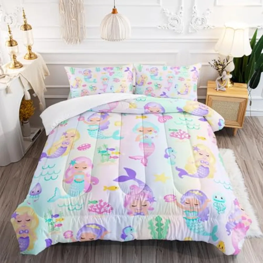 

Rainbow Mermaid Comforter Set// Size Fairy Tale Sea Shell Grass Bedding Set Starfish Jellyfish Quilt Bed Set for Kid Girls with