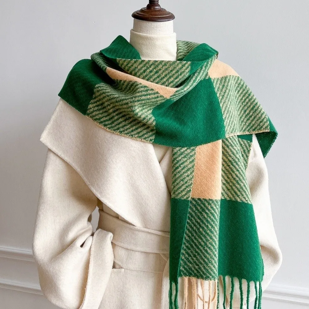 Soft Checkered Faux Cashmere Scarf Thickened Fringed Plaid Shawl Warm Color Block Wrap Scarf Party