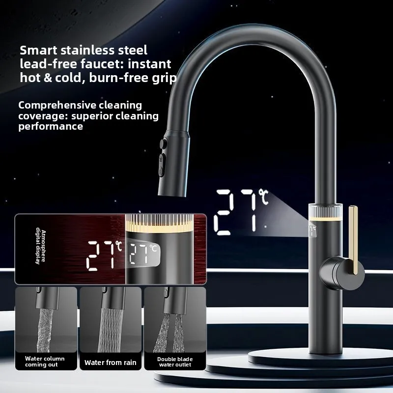 Kitchen Pull-Out Faucet, Hot and Cold Water, Splash-Proof, Digital Display, Ambient Light, Universal 3-in-1, 360° Rotation