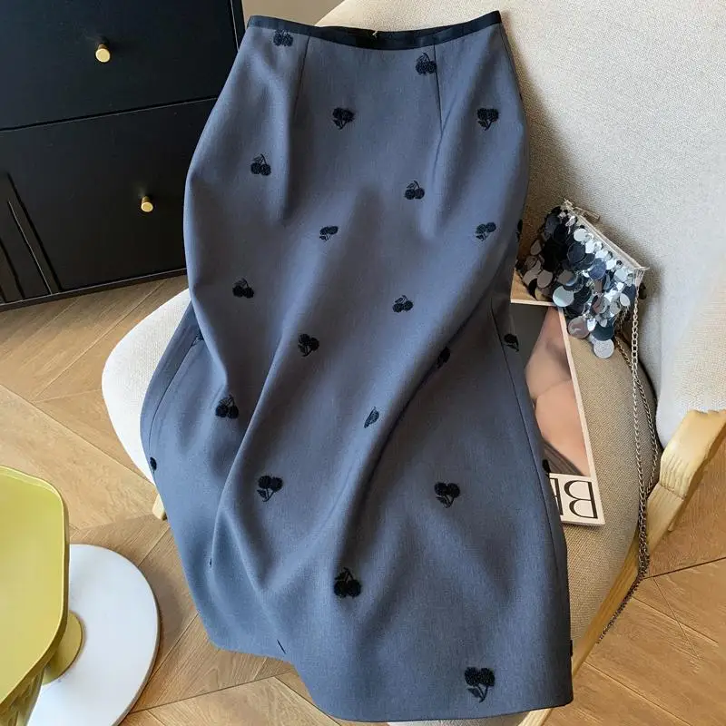 Autumn New Sweet Cherry Print Women's Midi Skirt Korean Office Lady High Waist Slim Temperament Slit Straight Suit Skirt 533P