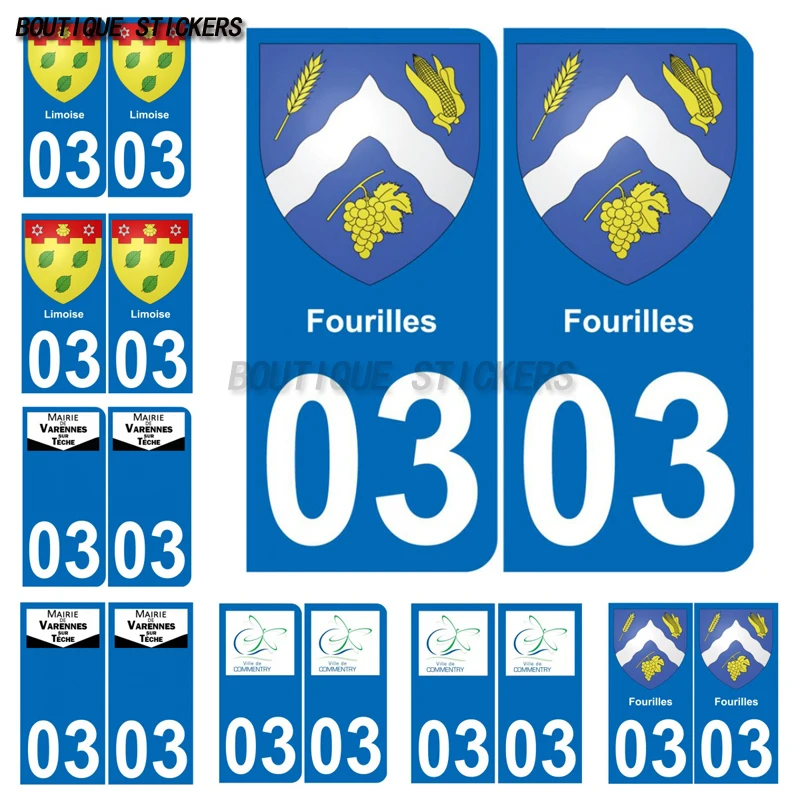 

2Pcs Autocollant plaque d'immatriculation française 03 Commentry Fourilles Limoise Varennes-sur-Tèche logo Waterproof PVC decal