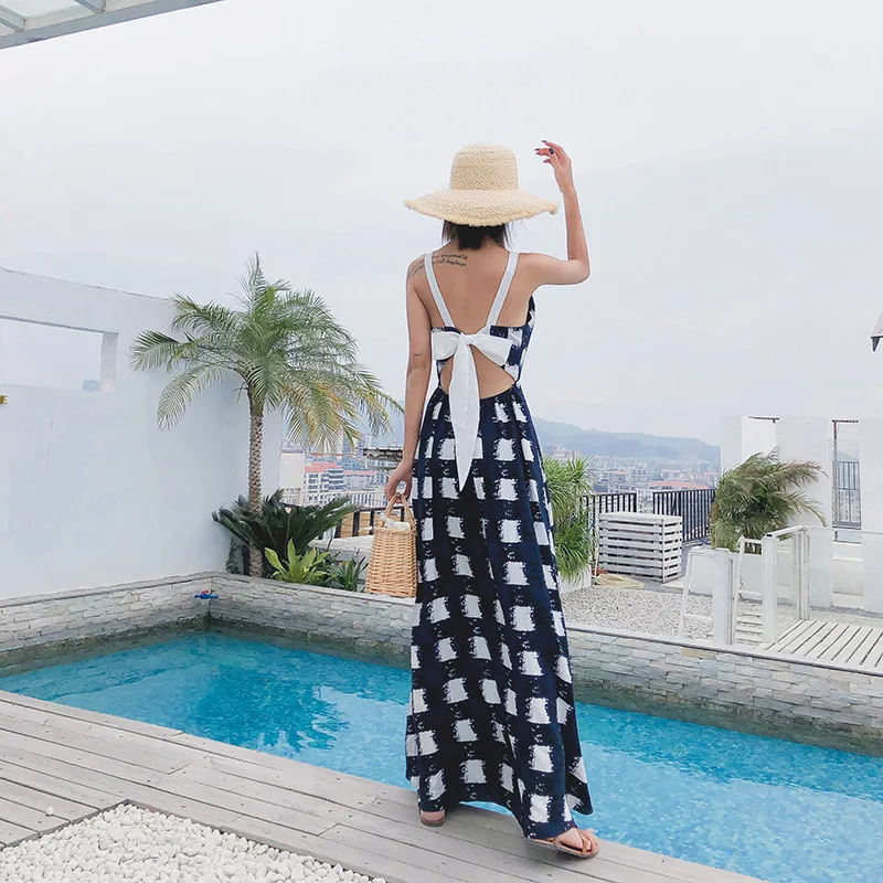 Retro seaside resort Bali slimming Thailand Sanya long skirt plaid halter dress female summer