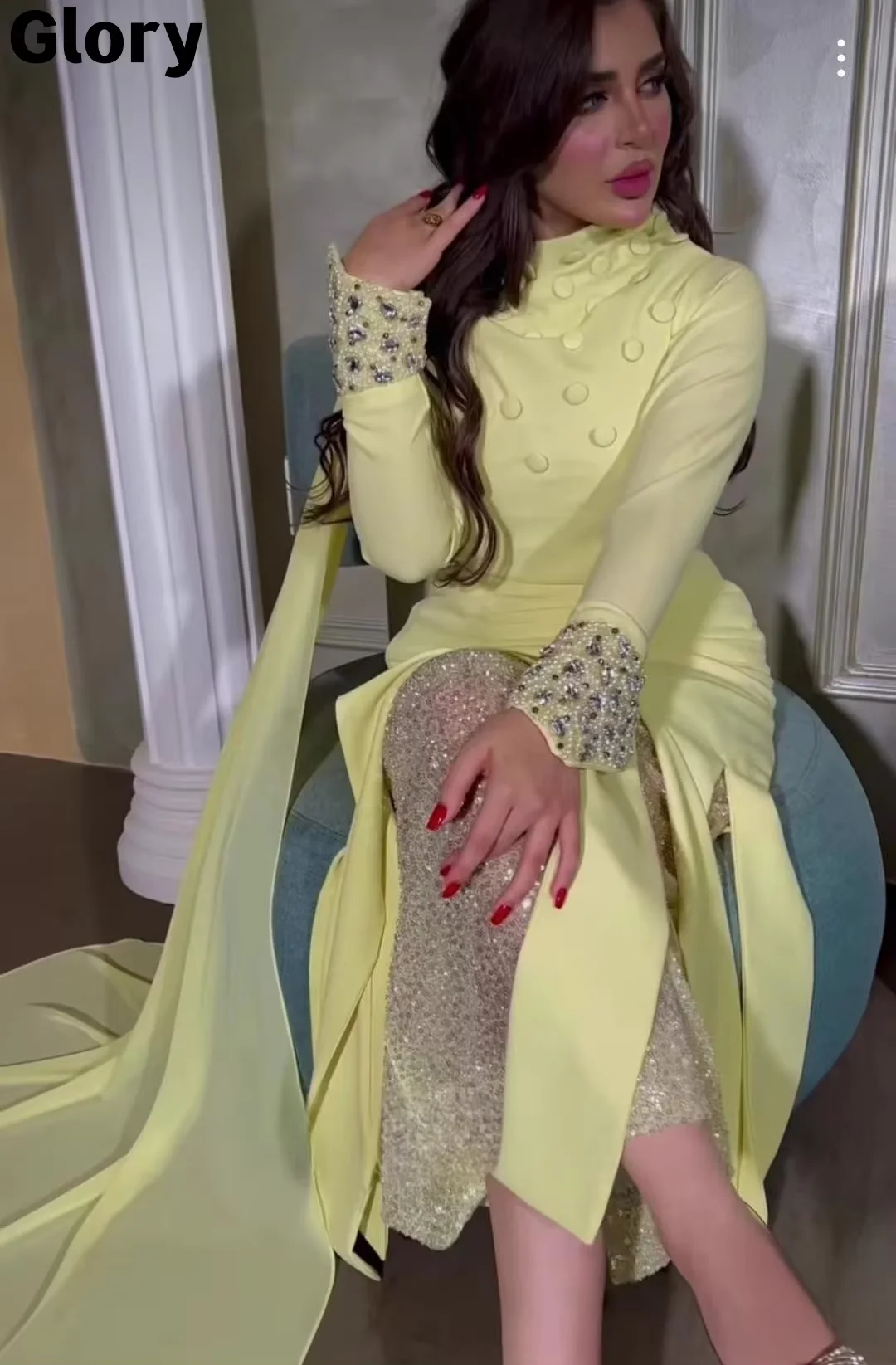 Arabia Evening Dresses Beads Long Sleeves Customized Sharon Dress Prom Dresses 2025 New Hemline Design Cuff Stitching