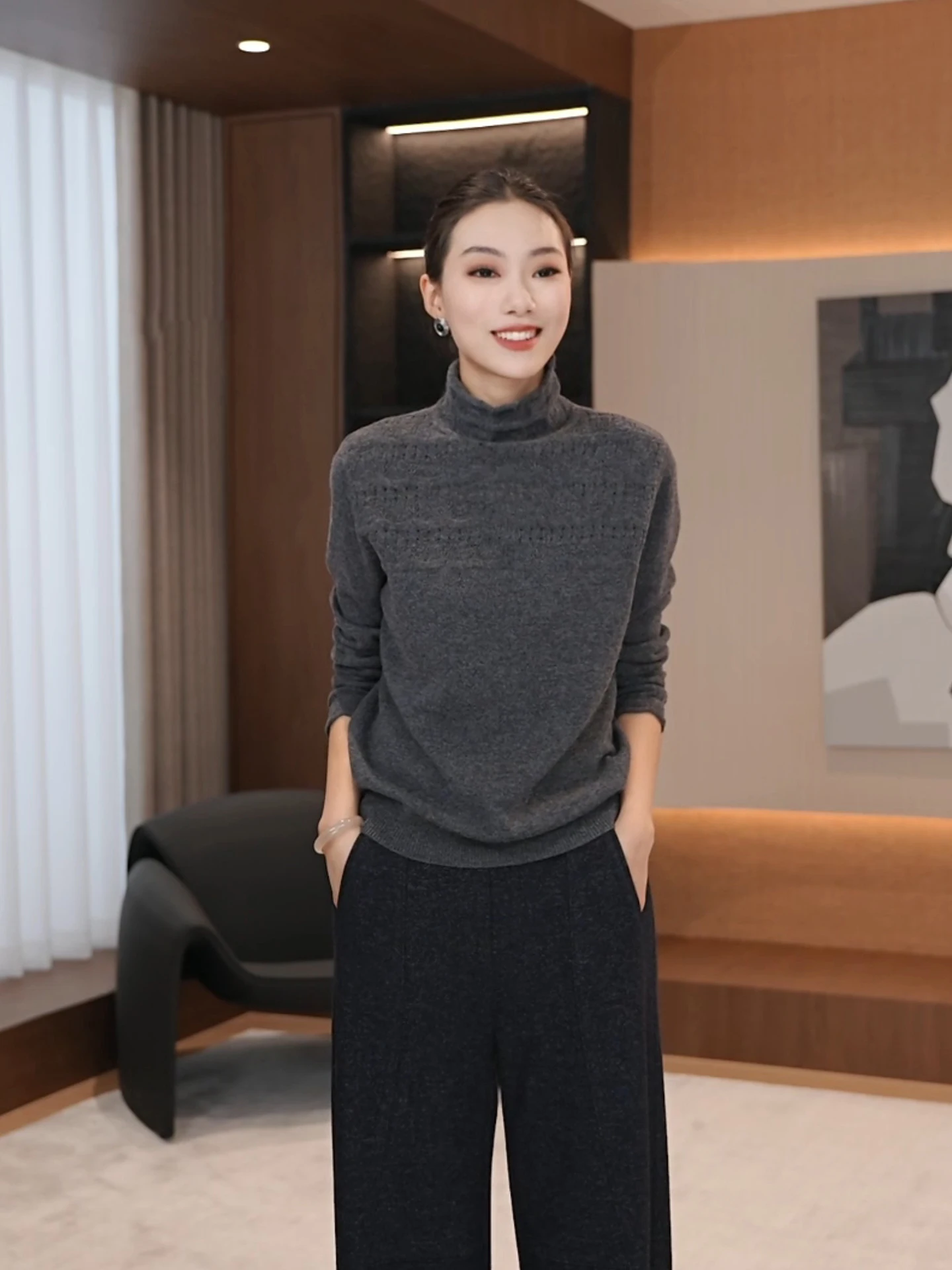 

ey Full Wool Hollow out Knitted Sweater High Collar Women's Casual Sle Soft Woolen Hooked Flower Design Winter New Faion