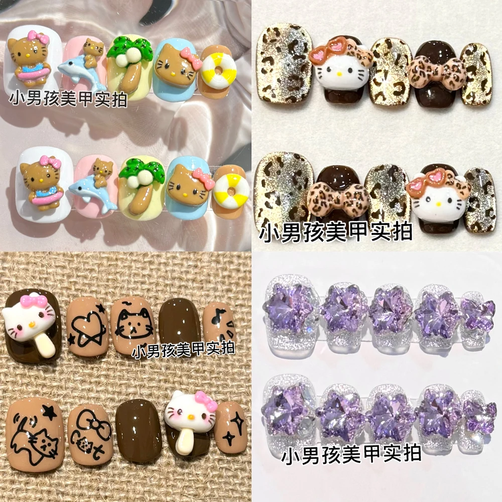 

Handmade 3D Cartoon Kawaii Sanrio Christmas Hellokitty Wearable Press On Nail Cinnamoroll Kuromi Rhinestone Full Cover Nail