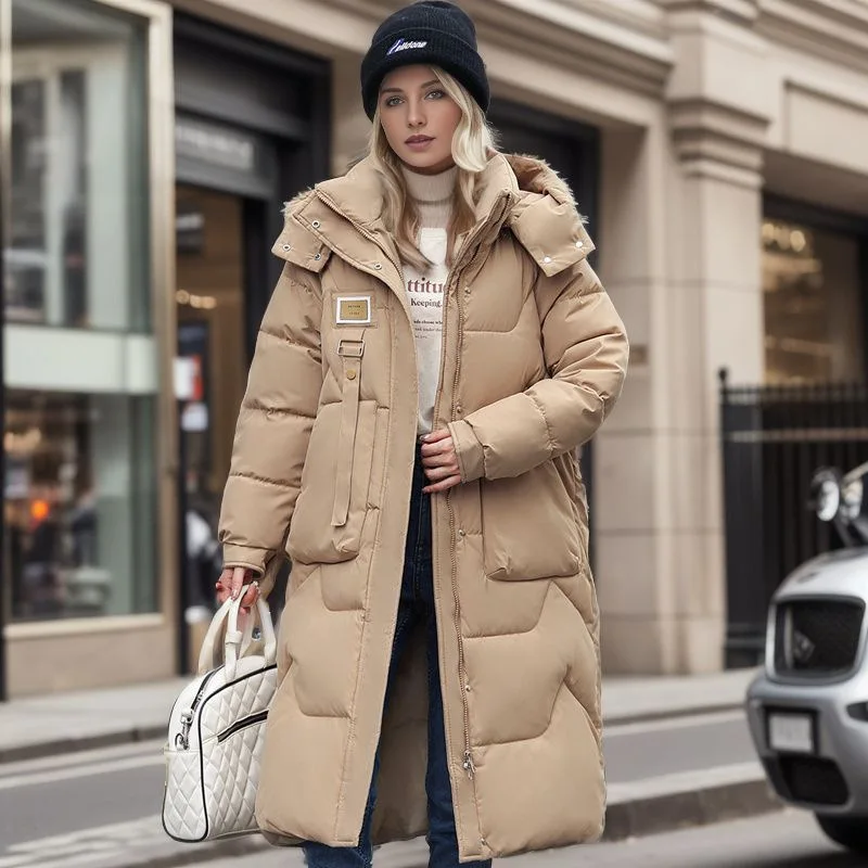 Nuovo berretto staccabile imbottito in cotone da donna di media lunghezza sopra il ginocchio Parka in cotone ispessito Cappotto da donna