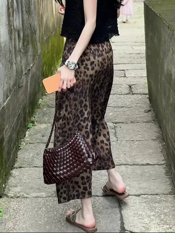 High Waist Wide Leg Nine-Tenths Length Commute Style Women's Pants Leopard Print Straight Cut Loose Slimming Effect
