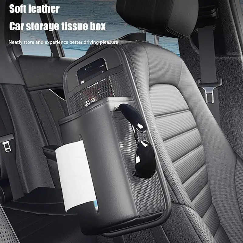 Car Tissue Holder Adjustable Leather Tissue Box Front Seat Bags Interior Accessories Storage Bag With Mesh Net Pockets For Drink