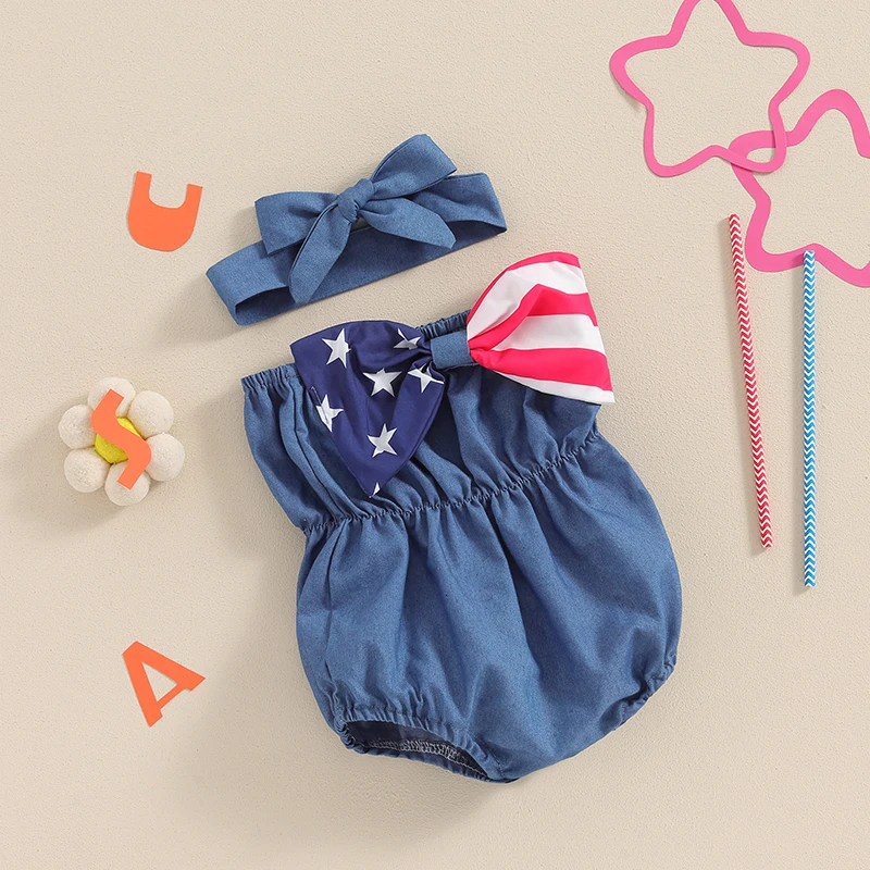 Newborn Girl'S Clothing Independence Day Shoulder Wiping Blue Jumpsuit Strapless Backless Bow With Headband, July 4th Clothing