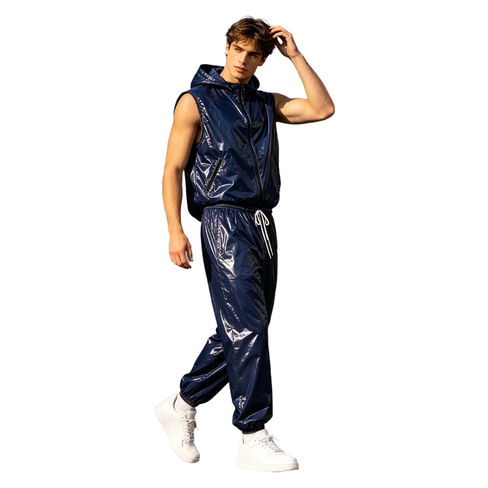 Mens Wet Look Waterproof Tracksuit Front Zipper Sleeveless Vest Tops with Detachable Hood And Jogging Pants for Workout Cycling