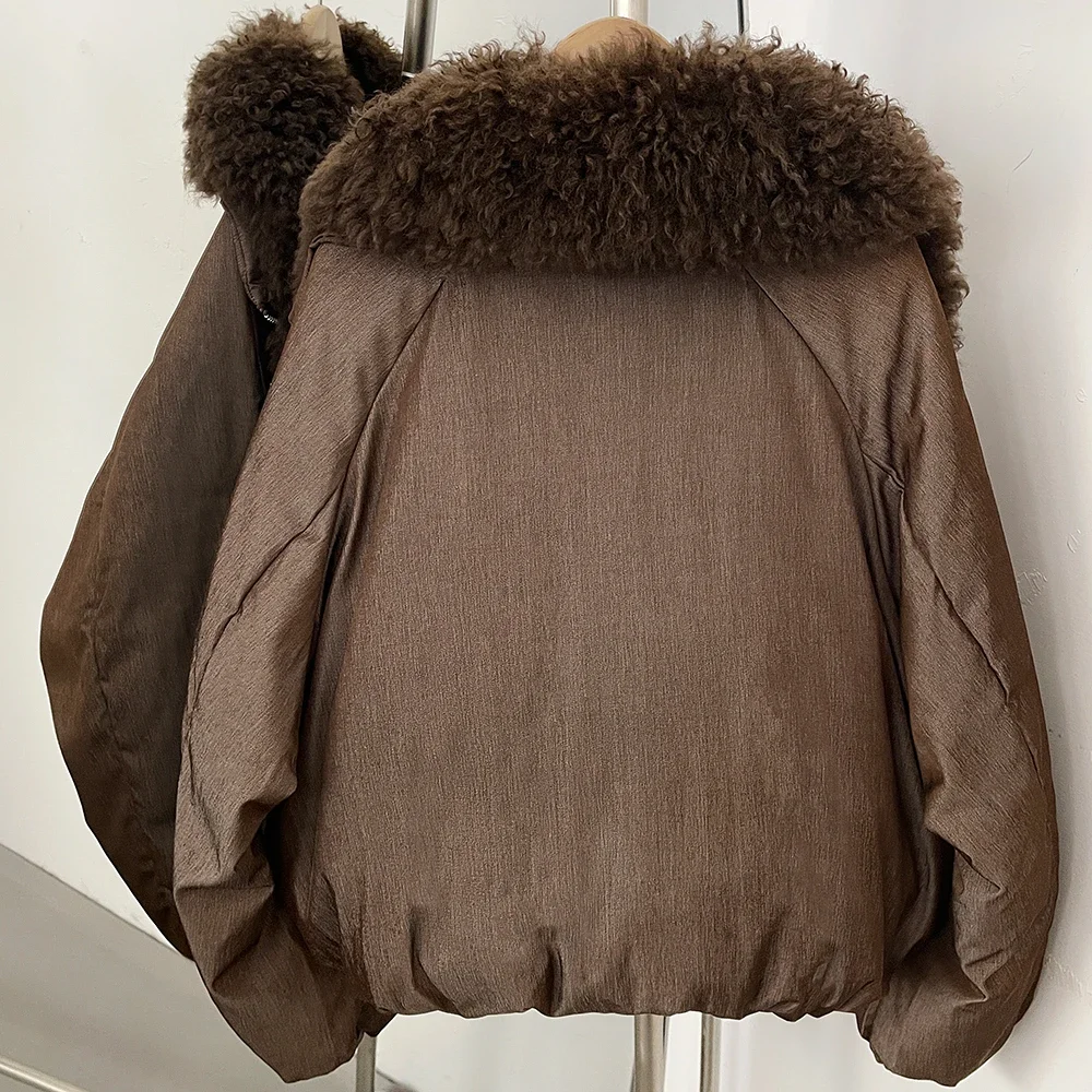 OFTBUY Shiny Zipper Duck Down Jacket Female Warm Outerwear Winter Real Lamb Fur Collar Coat Women Cropped Loose Puffer Coat