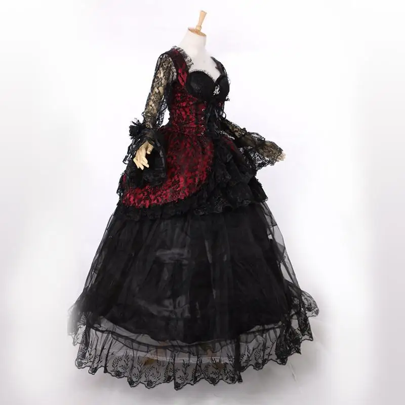 Abito da sposa vittoriano gotico rococò Masquerade abbigliamento da sposa Sweetheart manica lunga svasata nero Schwarz abiti da periodo per le donne