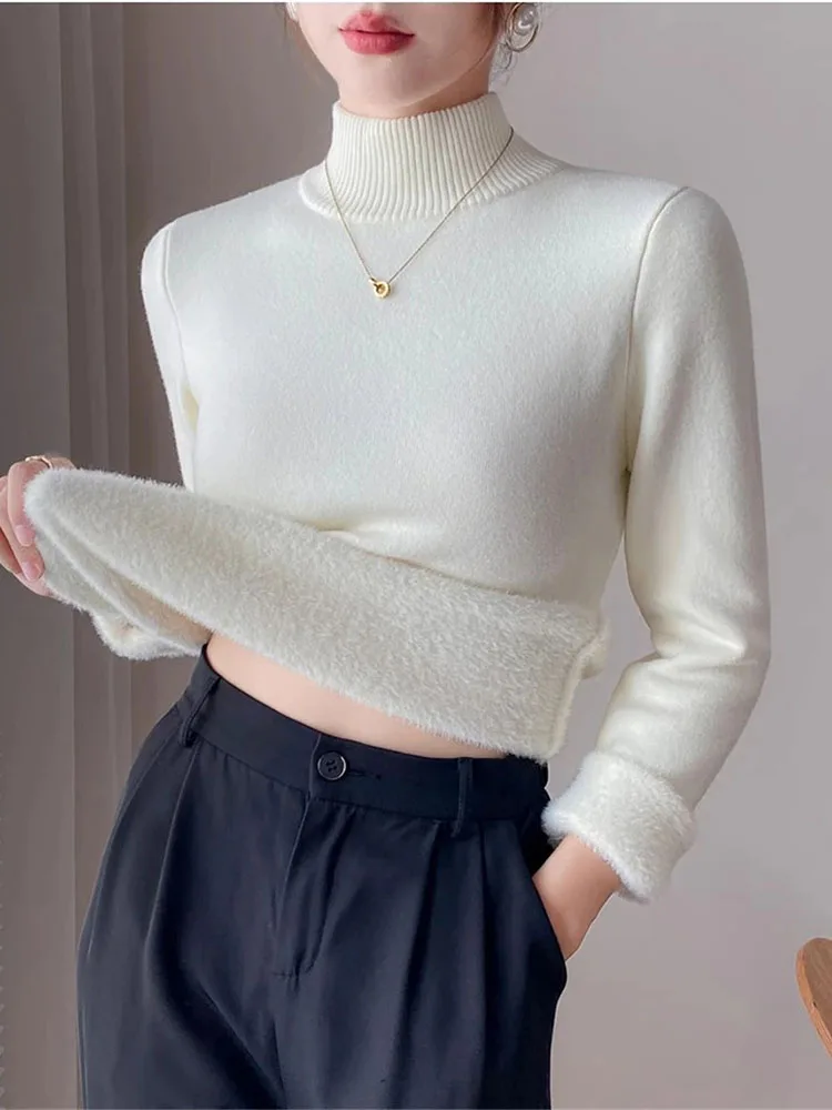 Women Warm Slim Half Turtleneck Sweater Korean Thicken Plush Fleece Lined Knit Pullover Tops Winter Casual Knitwear Soft Sueter