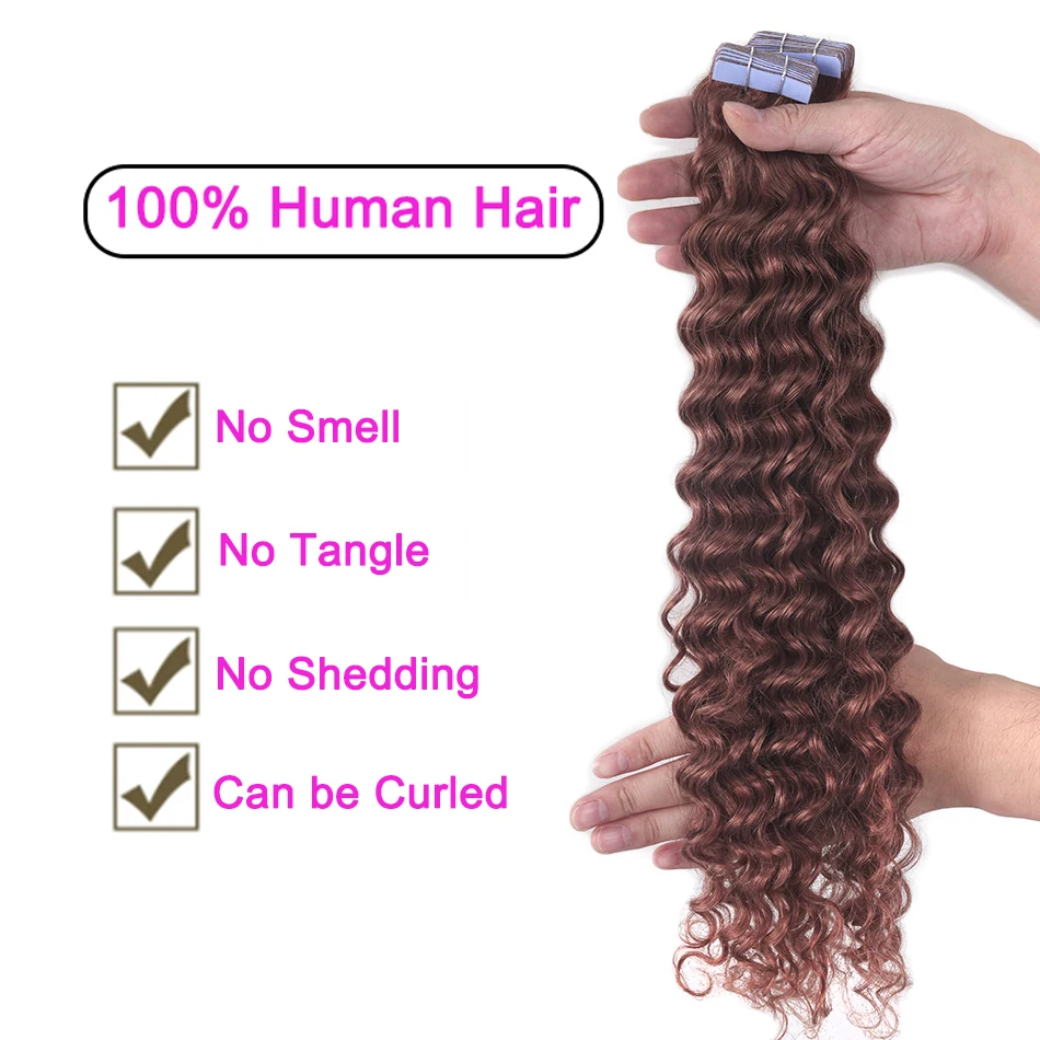 Tape In Human Hair Extensions Deep Wave 20 Pcs/Set Adhesive Seamless Brazilian Hair Skin Weft Tape Ins Curly Hair Auburn Brown