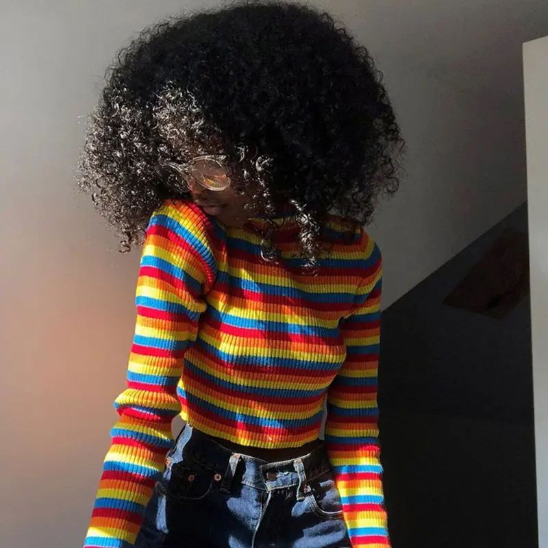 Womens Autumn Long Sleeve Turtleneck Sweater Colorful Rainbow Stripes Short Crop