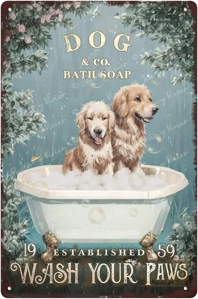 Funny Dog Decor Vintage Bathroom and Bathtub Metal Tin Sign Golden Retriever Art, Golden Retriever Gifts for Golden Retriev sign