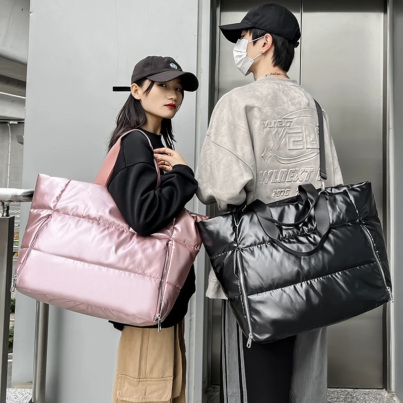 Übergroße lässige Reisetasche für Frauen wasserdichte Nylon gepolsterte Einkaufstasche geste ppte Baumwolle Raum Handtasche Messenger Mode Paar Tasche – Detail 1