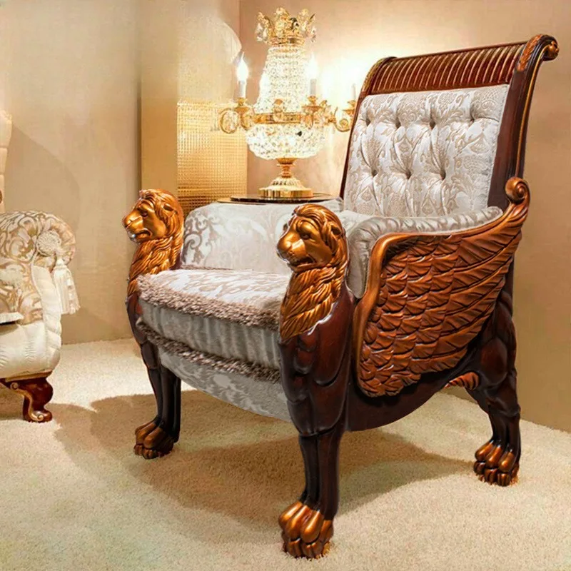 European solid wood carving lion chair single sofa study fabric leisure back  villa office book desk
