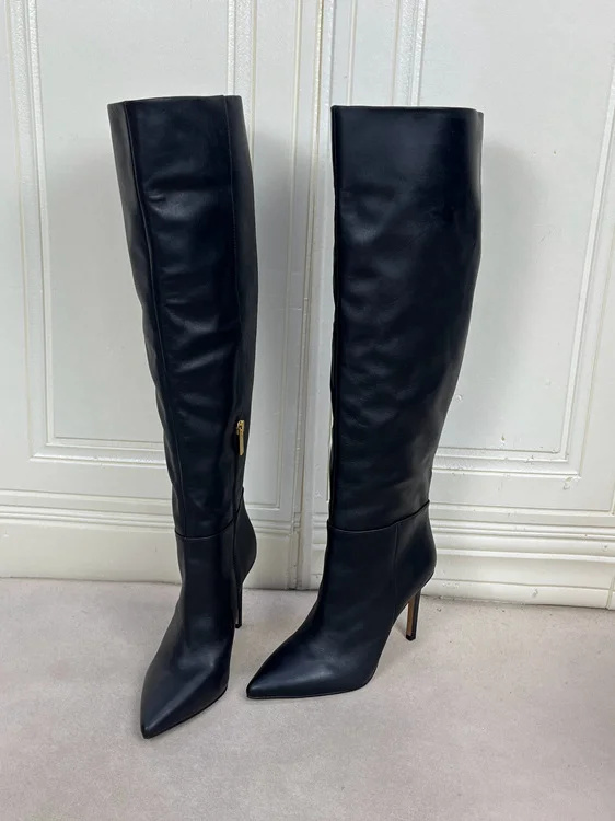 

Модные женские ботинки на высоком каблуке из натуральной кожи с острым носком, цветной боковой молнией, ультравысоким каблуком, высоким вырезом, длинные