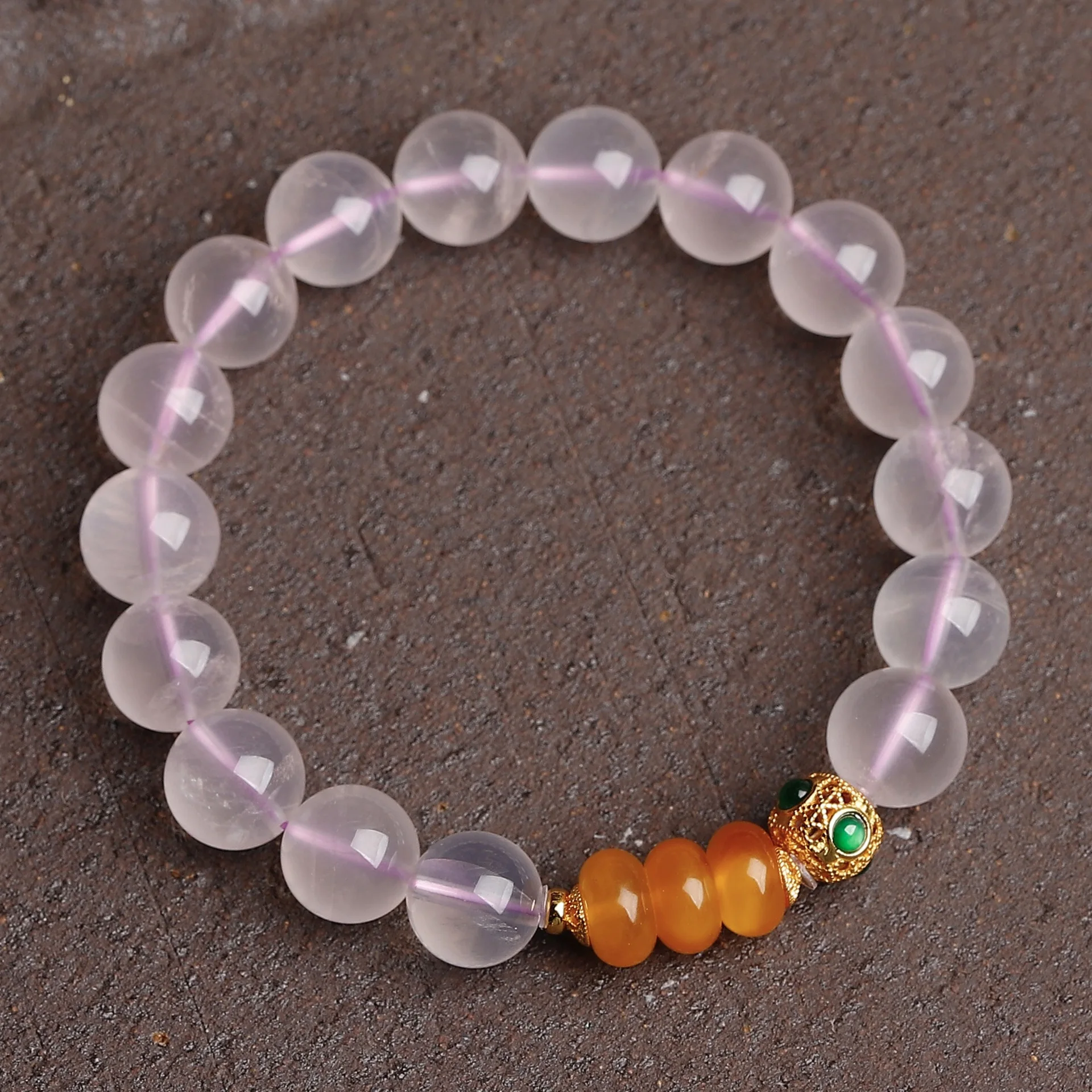 

Natural Pink Quartz Round Bead Bracelet, Amber Ice Green Jadeite S925 Silver Gold Plated, Chinese Healing Crystal Jewelry Gift