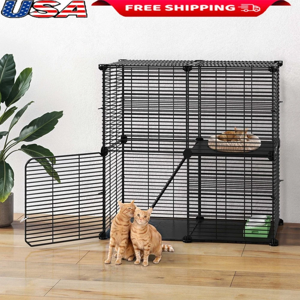 

28" 2-Tier Cat Cage Metal Playpen and Indoor DIY Enclosure 1-2 Cats and Ferrets Black