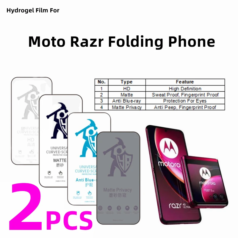 Película de hidrogel HD para moto razr/razr +, protetor de tela fosco para moto razr40 razr50 ultra, proteção para os olhos, anti-espionagem, 2 peças