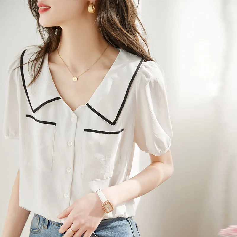 Summer New Short Sleeve Turn Down Collar Women Shirt Office Lady Shirt Blouse Women Tops Blusas Mujer De Moda 2024 Verano A504