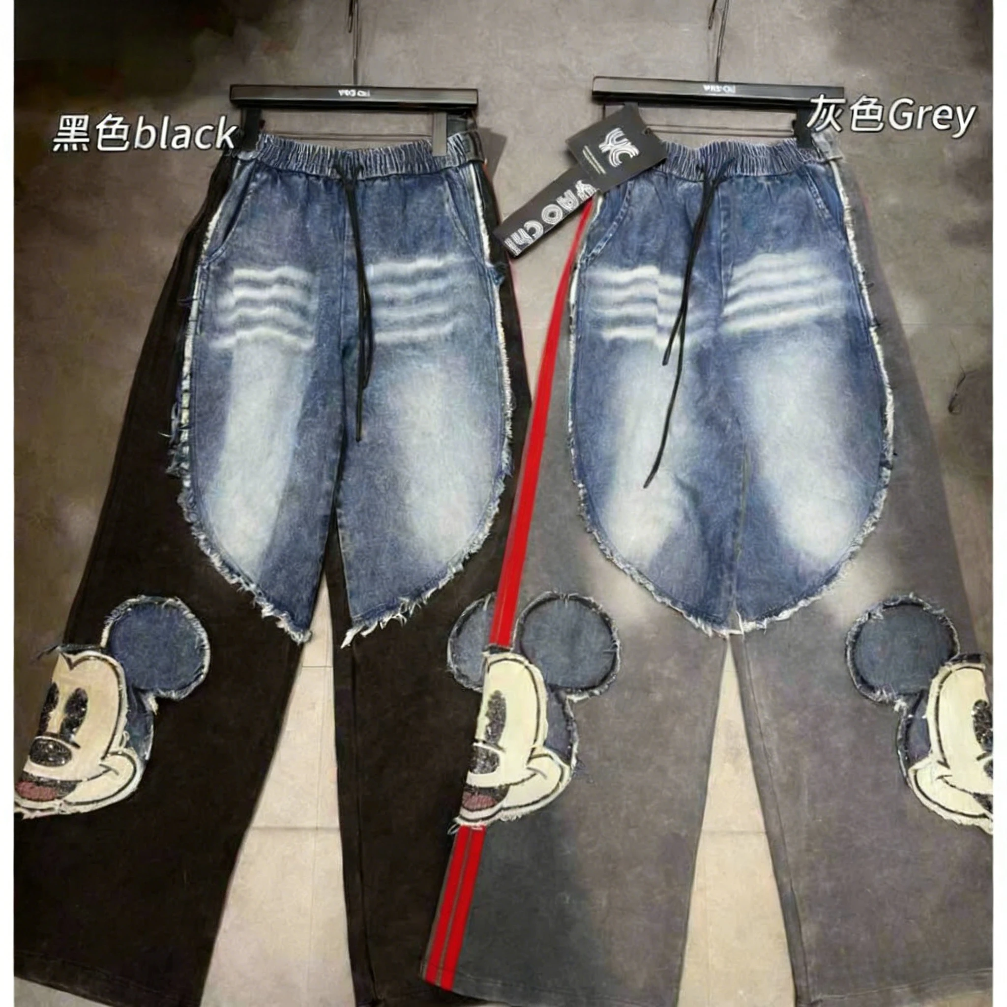 

Модные женские джинсы, новые весенне-осенние эластичные широкие брюки с высокой талией и цветными блоками, женские прямые брюки с вышивкой Микки