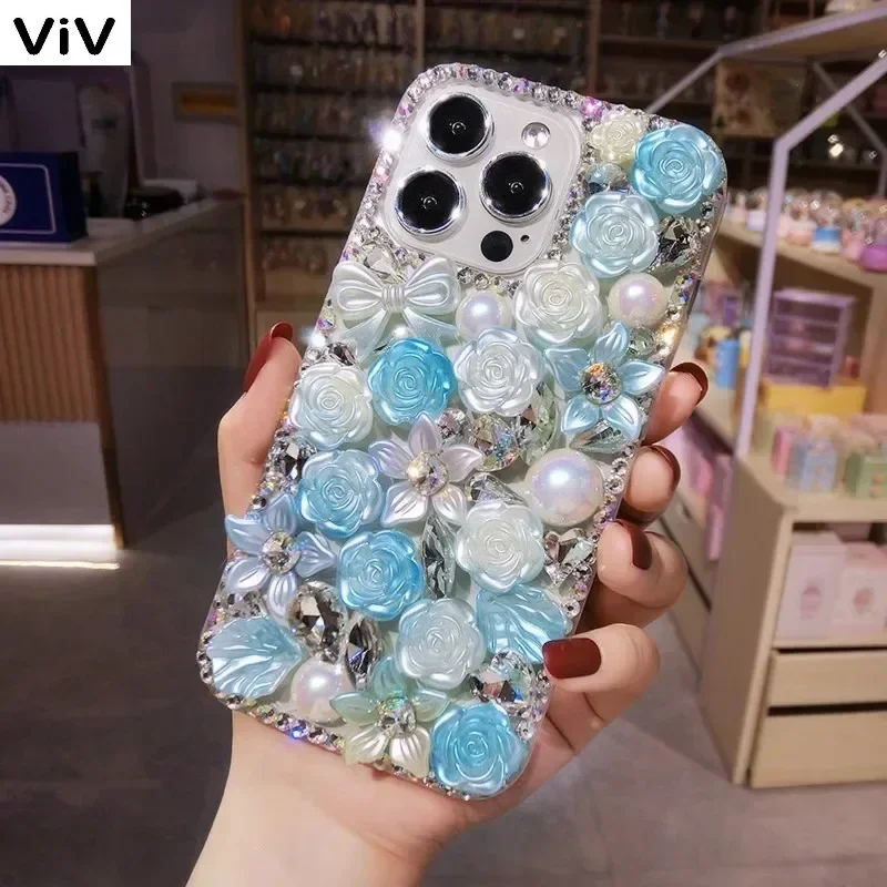 Jewelled Rhinestone Phone Cover with Baroque Flowers, Luxury Diamonds for Huawei P50 P60 Pro Mate50 60 Honor80 90 100 Pro viv