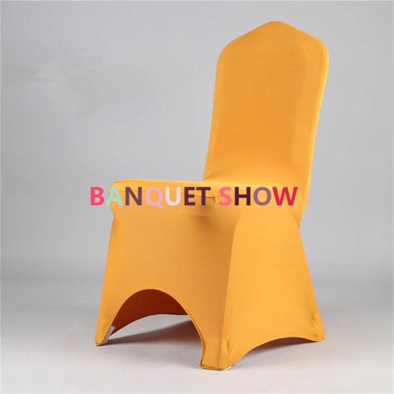 

Gold Color Arch Front Thick Poly Banquet Chair Cover Stretch Spandex Covers For Wedding Event Hotel Dinner Decoration