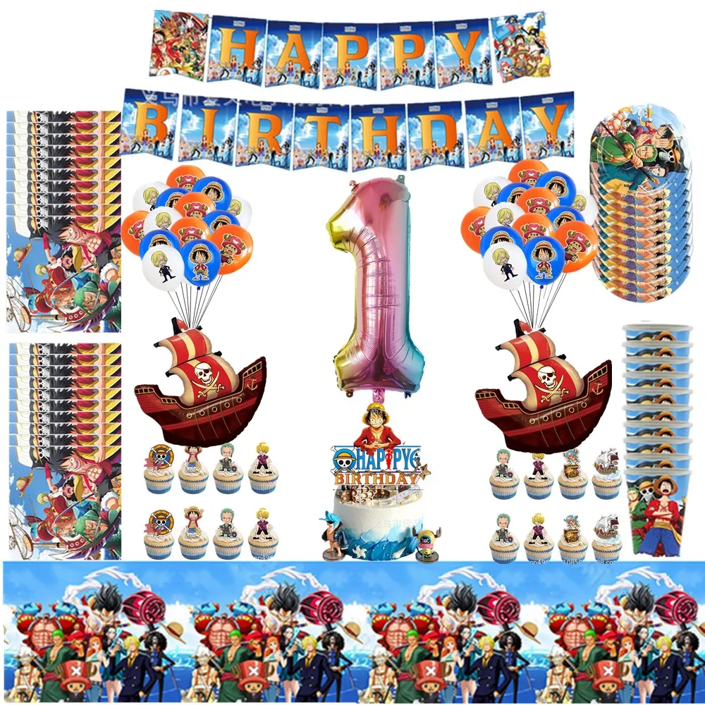 

One Piece Theme 1Set Party Decoration Latex Balloons Cake Topper Banner Boy Happy Birthday Party Decor Hero Hat Luffy Kids Toy