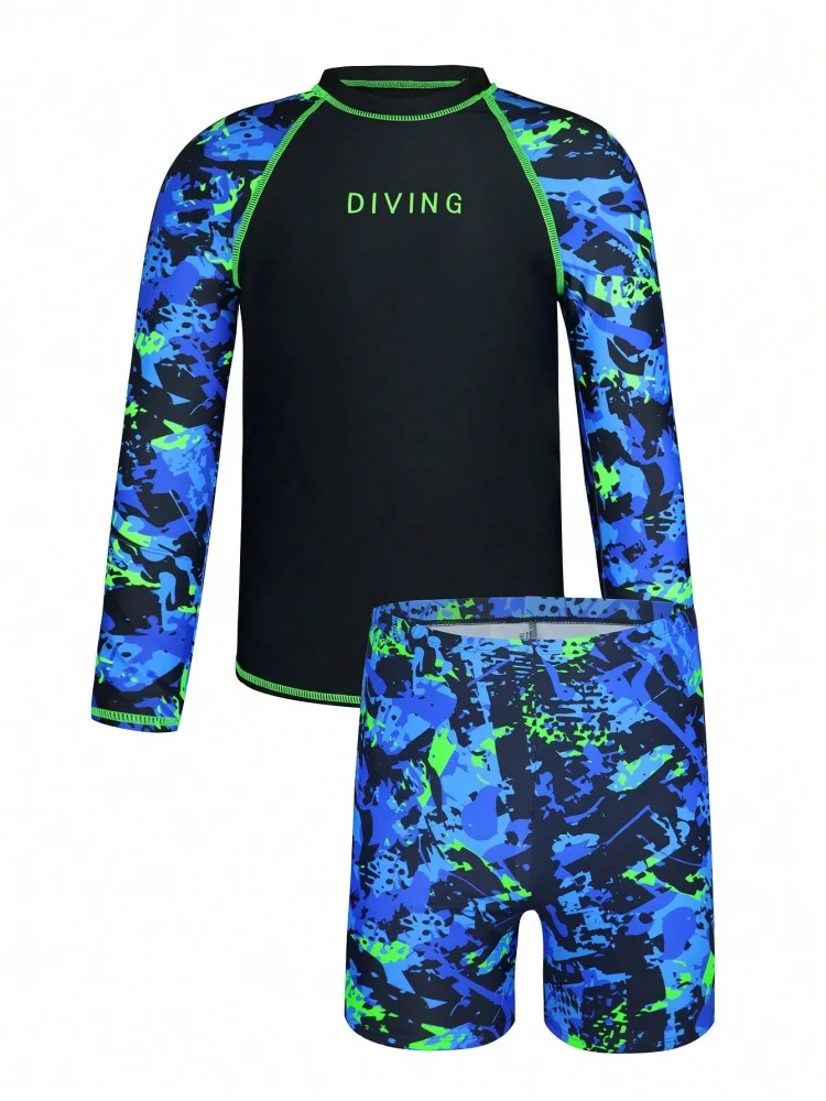 Boy Kids Swimsuit 2026 New Solid Tie Dye Long Sleeves Children Swimwear Summer Two Piece Shorts Beachwear Bathing Suit Swimming