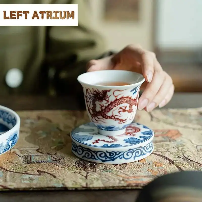 Blue And White Ceramic Lid Holder Creative Dragon Pattern Teacup Holder Elegant Cover Frame Zisha Pot Lid Shelf Teaware Crafts