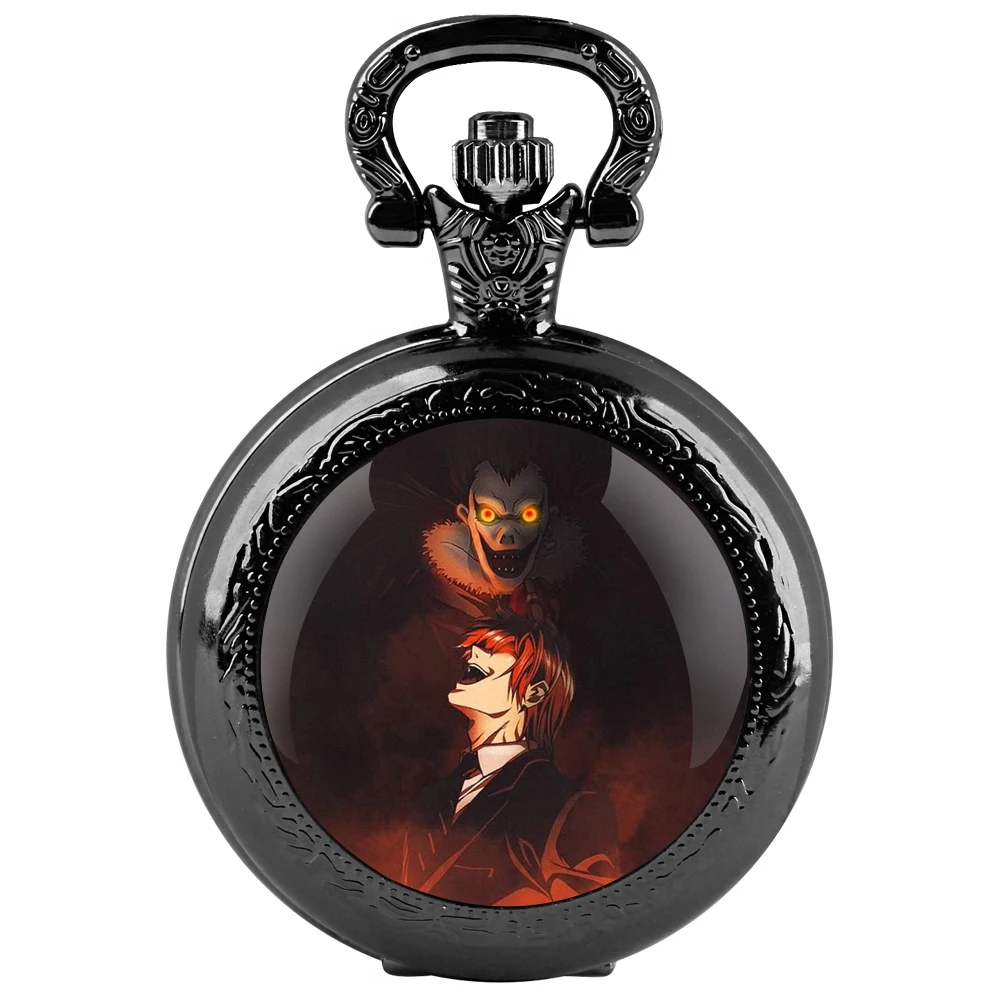Orologio da tasca al quarzo nero con cupola in vetro Death Note con quadrante con numeri arabi e catena resistente, regalo per uomini e donne