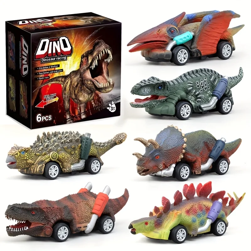 Juego de 6 uds de coches de juguete de dinosaurio para niños, modelo de dinosaurio, ala de dragón, tiranosaurio, coche de giro extraíble y Go
