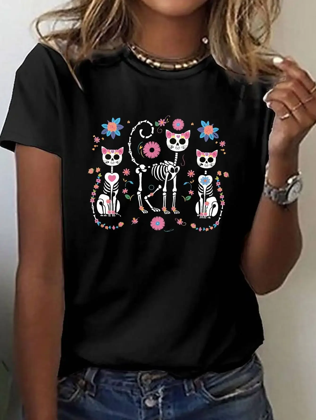 Women Vibrant Floral Skeletal Cats Graphic Print Tee Breathable Harajuku Crew Neck Short Sleeve Casual Daily Aesthetic Women Tee