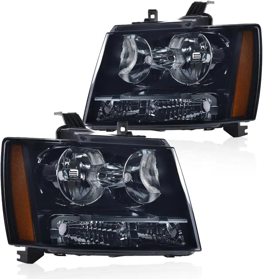 

Headlights Compatible with 2007-2013 Chevy Avalanche/Tahoe/Suburban 1500/2500, Smoky Lens Black Housing Amber Reflector