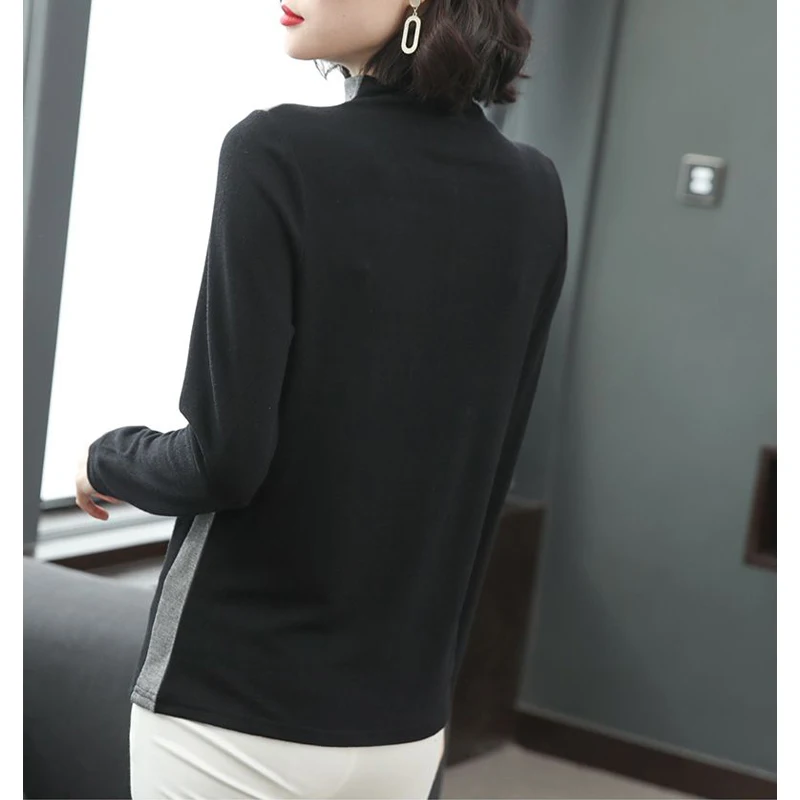 Winter Women Korean Fashion Rhinestone Patchwork Fleece Thick Warm T-shirt Elegant Half High Collar Long Sleeve Slim Basic Tops