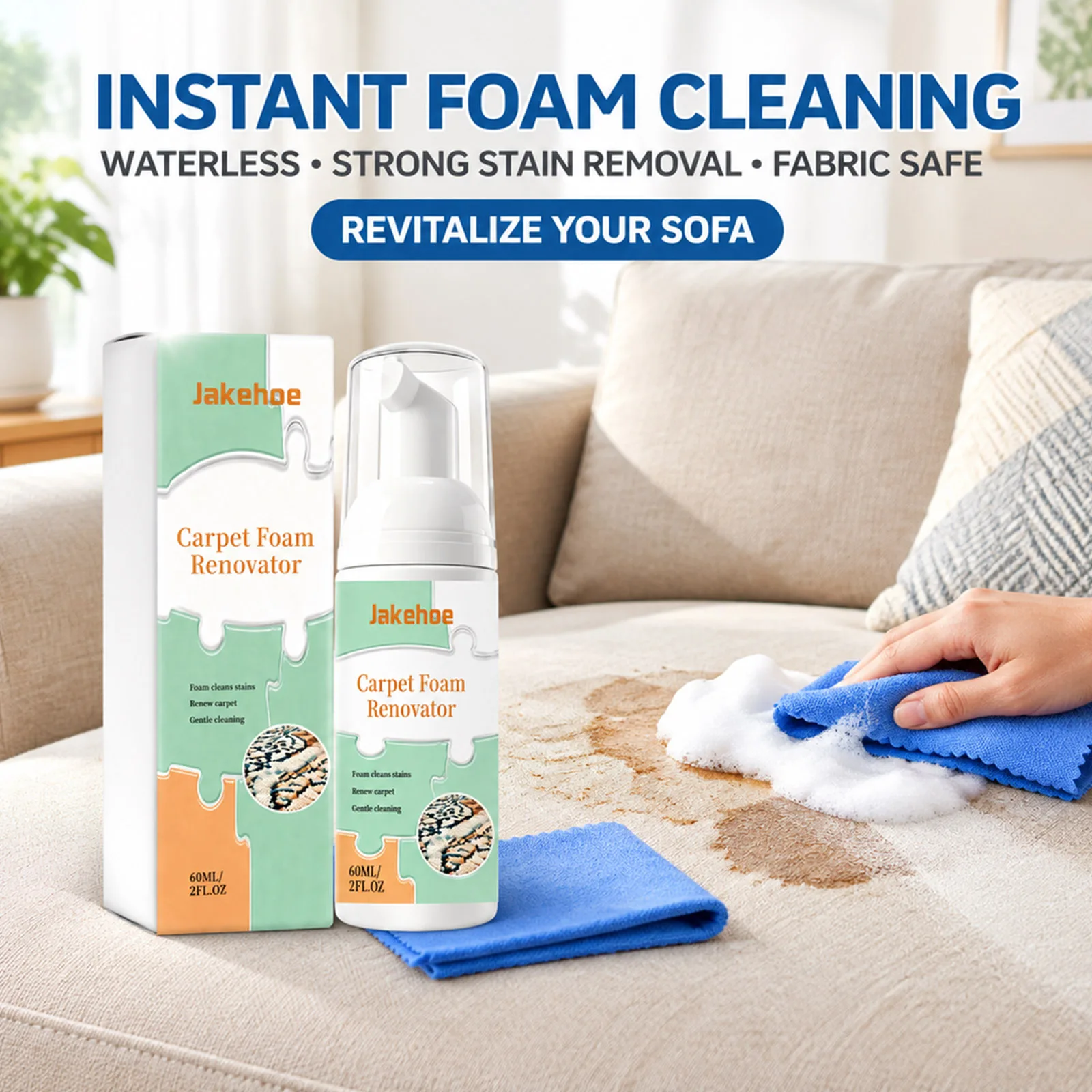 Foam Cleaner 60ml Gentle Cleaning for Carpet Sofa Car Upholstery Multi Fabric Lift Dirt Quick Dry No Water Needed with Towel