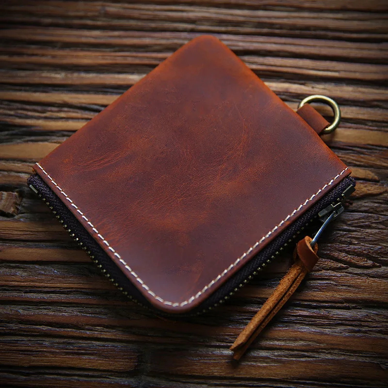 Genuine Crazy Horse Leather Mini Zipper Wallet for Men – Vintage Small Coin Card Holder with Patina Effect Unisex Retro Design
