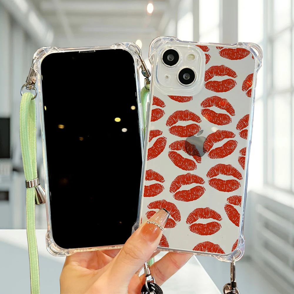 Beautiful Red lip print Collection Suitable for iPhone 16 Case Portable Four Corner Drop Protection Equip with hanging rope A#