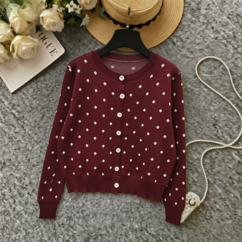 Ladies Elastic Knitted Cardigan Navy Blue White Polka‑Dot Print Round Neck Button Long Sleeve Sweater Cropped Knit Top Fall Wear