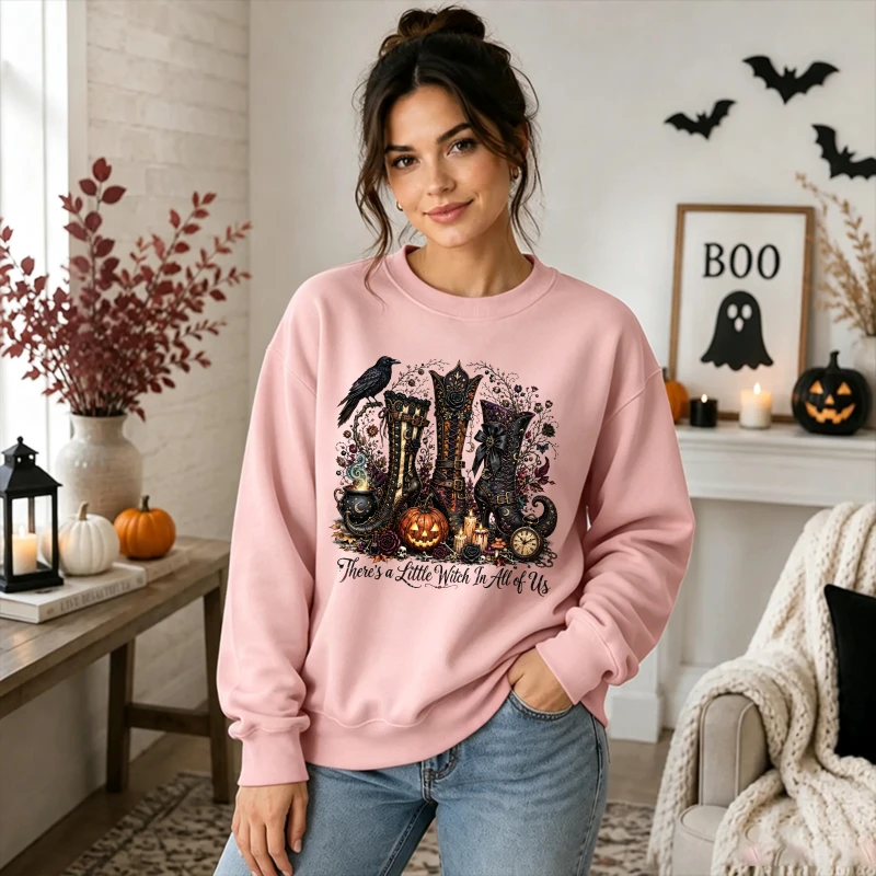 Halloween Witch Boots Crow Pumpkin Graphic Crewneck Sweatshirt Women Retro Gothic Magic Cauldron Clock Print Pullover Casual Top