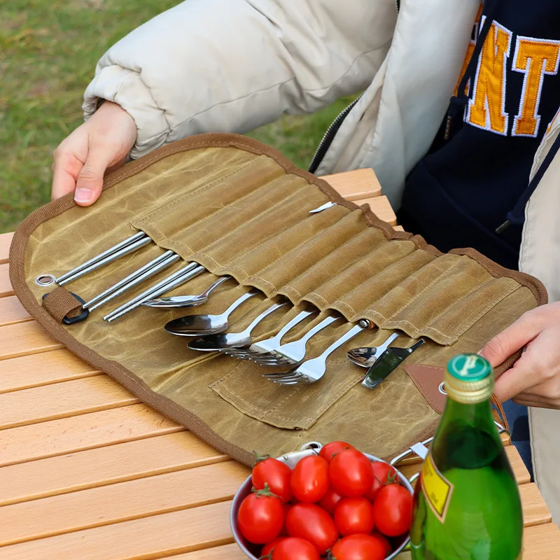 Outdoor cutlery storage bag for 3 persons cutlery set Storage bag Stainless steel spoon chopsticks fork waxed canvas