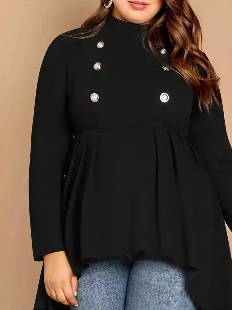 Plus Size Autumn Irregular Fishtail Long Tops Women Ruffle Pleated Office Long Sleeve Ladies Blouses Slim Waist Modis Woman Tops