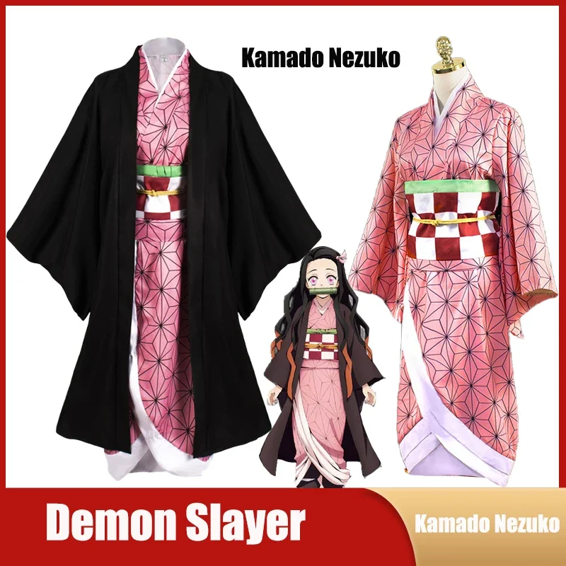 Anime Demon Slayers Cosplay Costume Kimetsu No Yaiba Kamado Nezuko Uniform Clothes Carnival Party Comic-Con Adult Kids Wig Suit