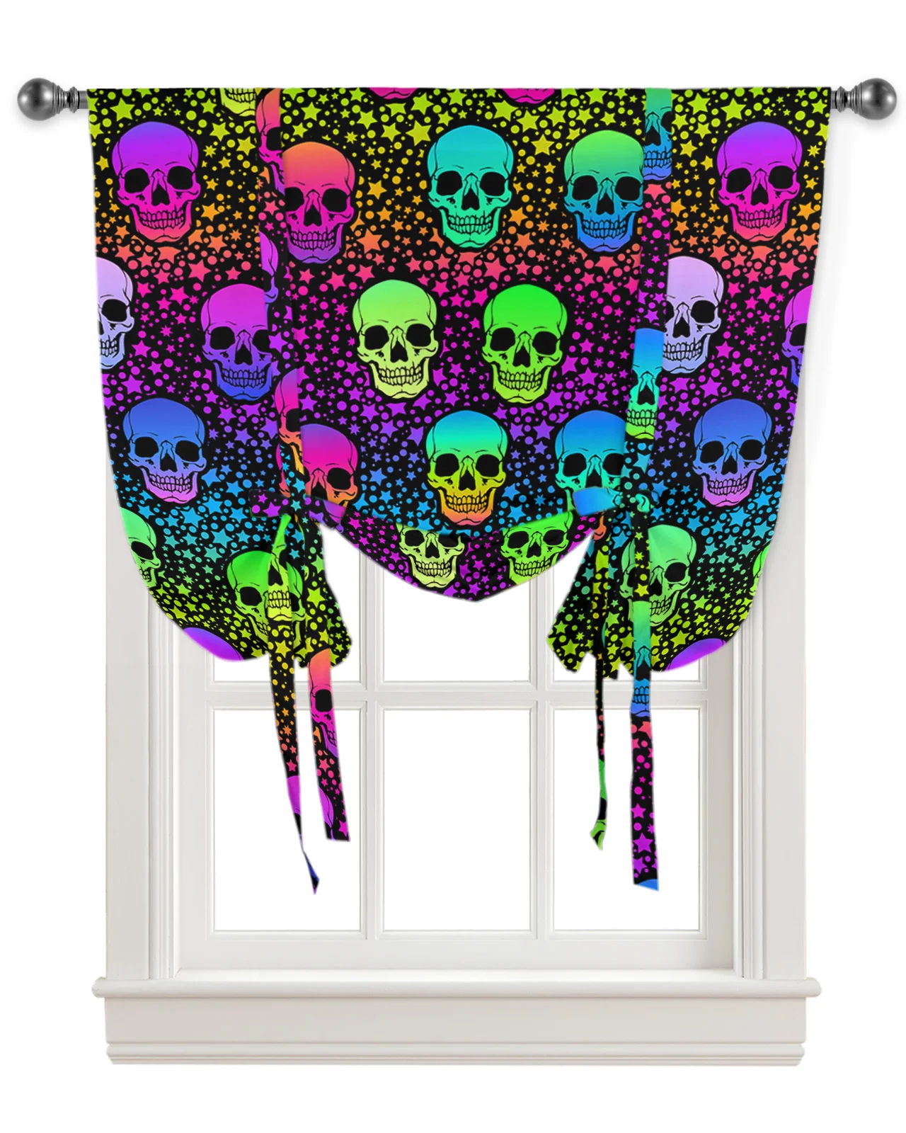 Rainbow Colored Skull Stars Kitchen Short Window Curtain Rod Pocket Curtains Home Decor Room Small Window Roman Tie Up Curtains