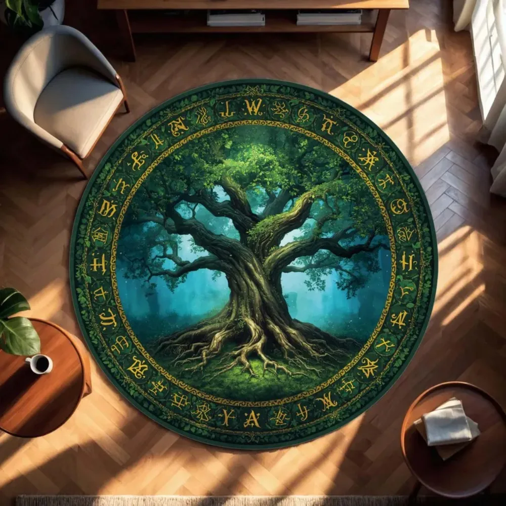 tapete-redondo-verde-floresta-mistica-com-design-Arvore-da-vida-decoracao-boho-paga-para-sala-de-estar-quarto-e-espaco-de-meditacao
