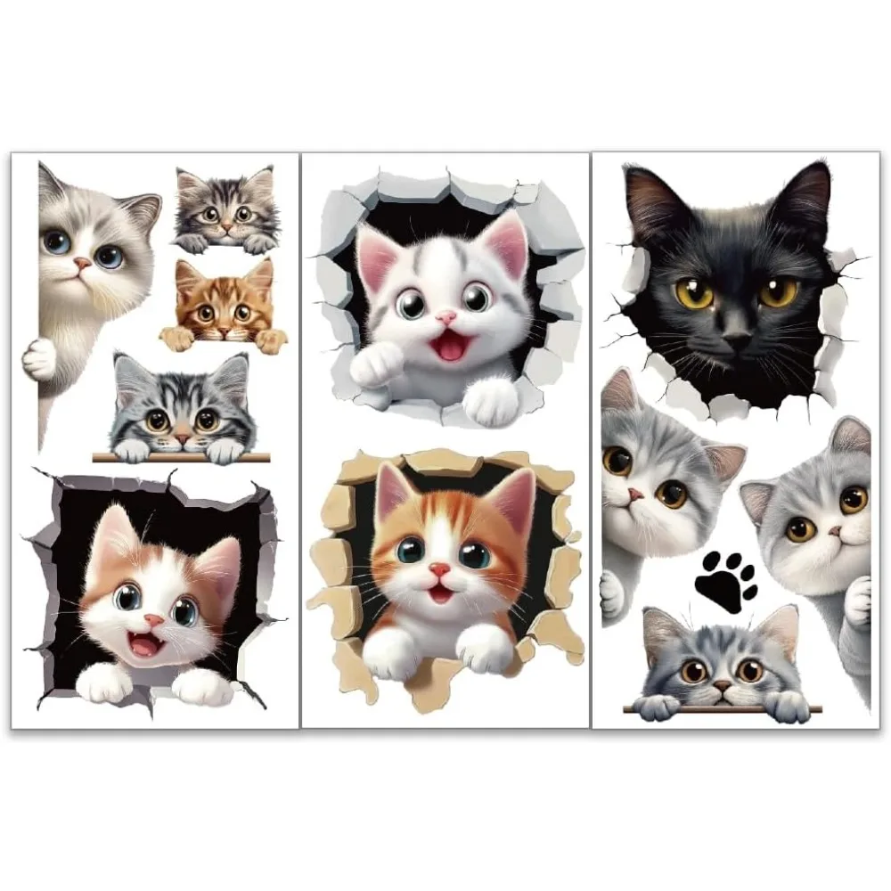 3 Sheets 3 Styles PVC Waterproof Decorative Stickers Self Adhesive Decals for Furniture Decoration Cat Shape 300x150mm