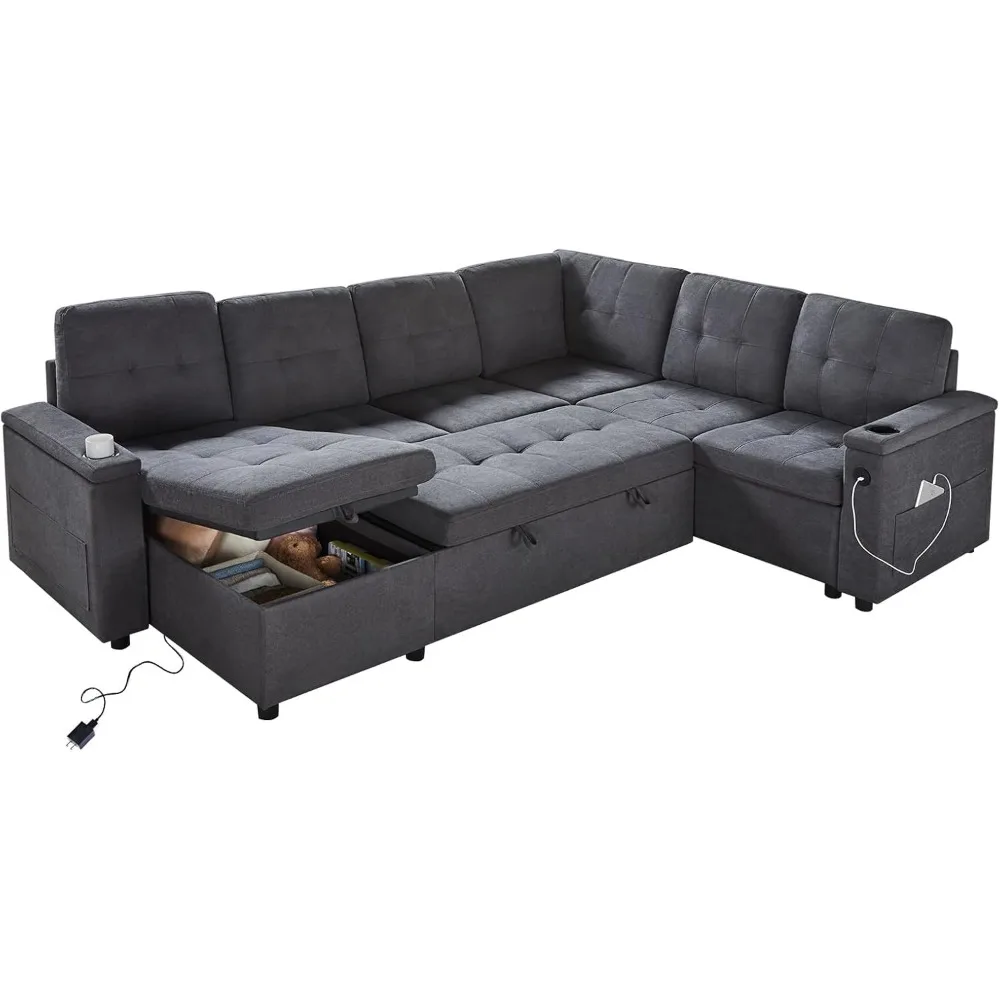 110 Inch Pull Out Couch, Tufted Sofa Bed with 2 USB Ports & Cup Holders, Oversized U Shape Sectional Sleeper Sofa Bed，Furniture